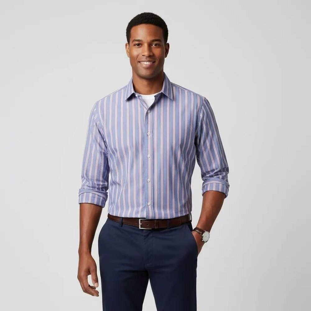 Gap Men's Blue/Pink‎ Stripe Premium Cotton Long Sleeve Button Down Shirt Size XL